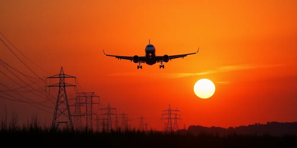 a plane is flying low over a field of power lines at sunset or dawn with a red sky in the background