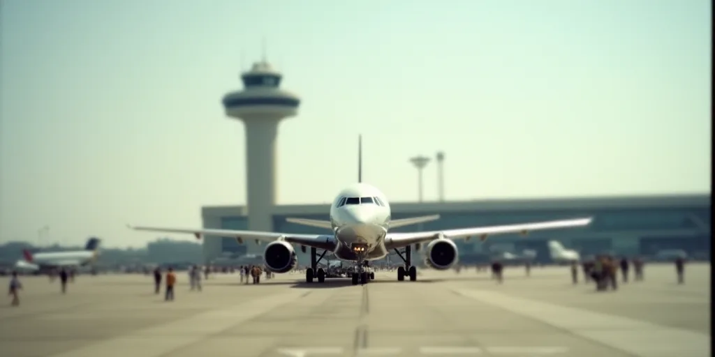 a plane is parked at an airport with a tower in the background and people standing around it on the