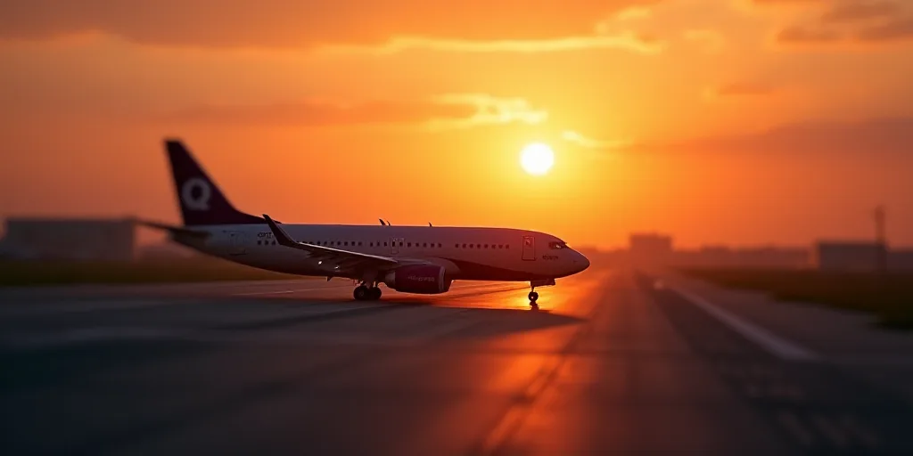 a plane is sitting on the runway at sunset time, with the sun in the background and a building in th