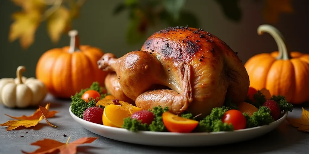 a plate of food with a turkey on it and some pumpkins in the background on a table with leaves, Clov