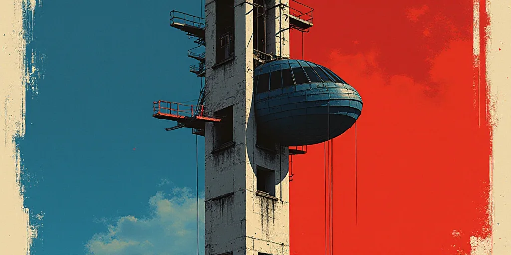 a poster with a blue and red background and a red and blue background with a black and white text, E