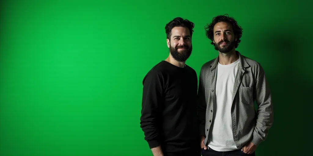 a poster with two people standing next to each other with a green background and a black and white p