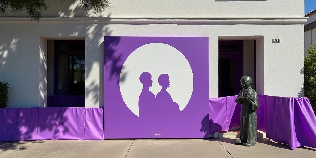 a purple and white sign in front of a building with a purple ribbon around it and a purple and white