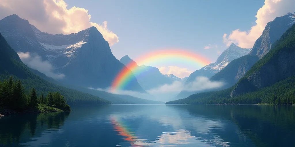 a rainbow over a lake surrounded by mountains and a rainbow in the sky above it is a rainbow in the