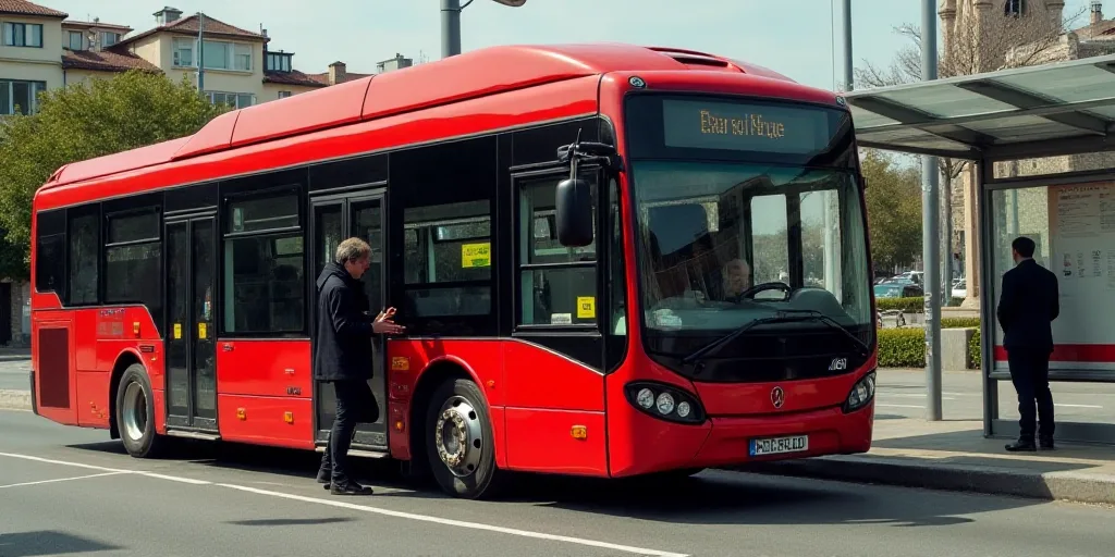 a red and black bus is parked at a bus stop and a man is standing in the doorway of the bus, Eduardo