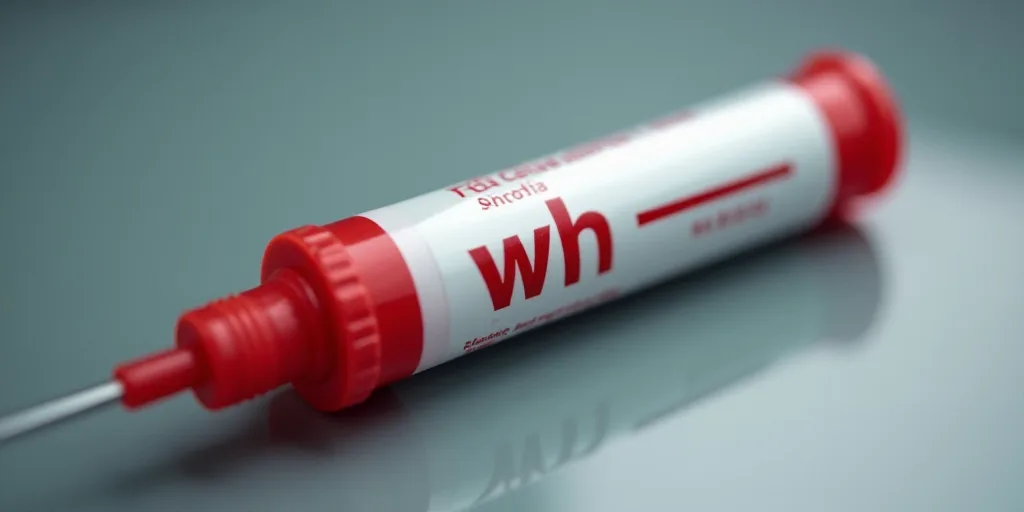 a red and white medical tube with the word wh on it and a needle in the middle of it, Évariste Vita