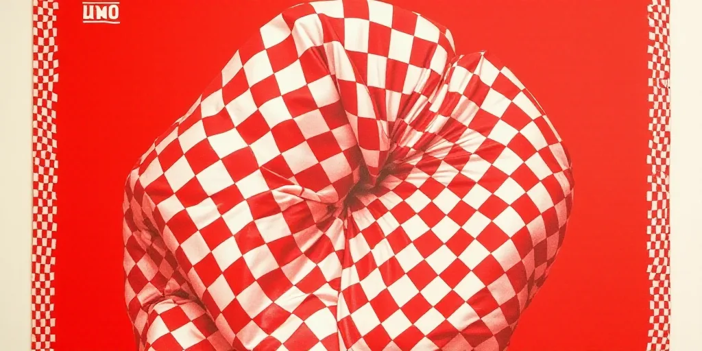 a red and white poster with a red background and a red and white checkered background with a red and