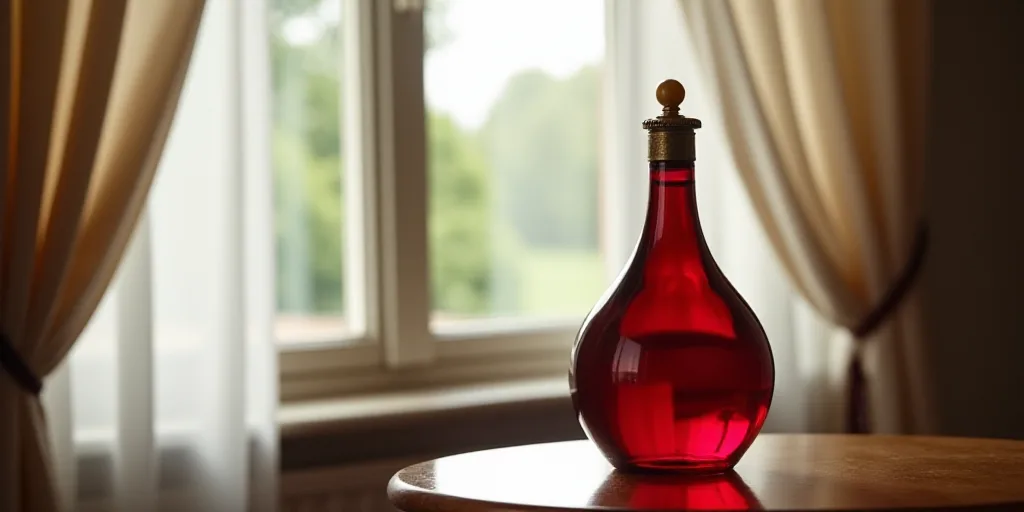 a red bottle with a gold top on a table next to a window with a white curtain behind it, Enguerrand
