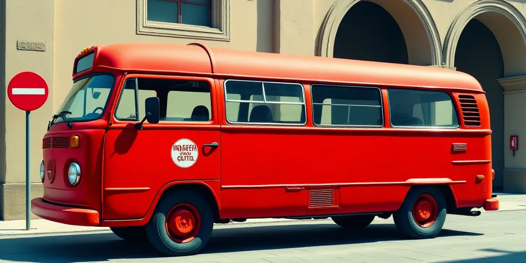 a red bus is parked next to a building with a no entry sign on it's side and a no entry sign on the