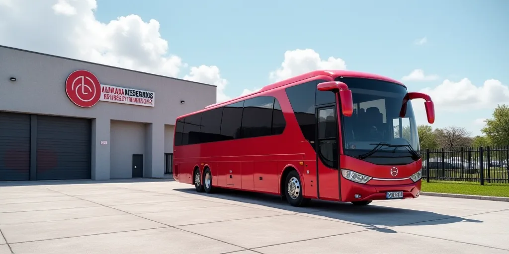 a red bus parked on a cement surface next to a building with a sky background and a white and red si