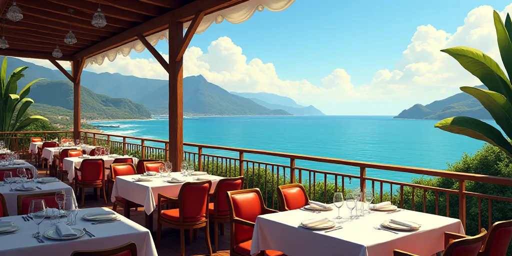 a restaurant with a view of the ocean and mountains in the background, with tables set up for a meal