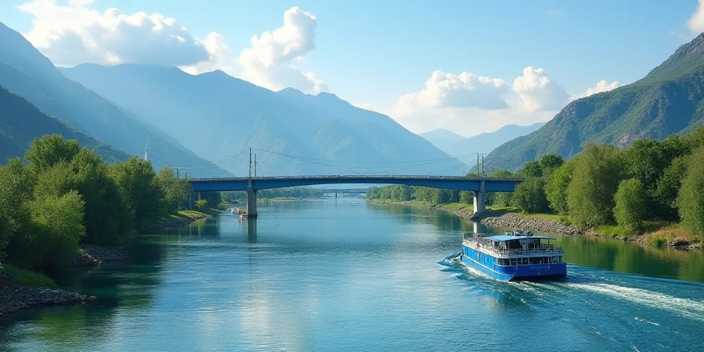 a river with a blue boat on it and mountains in the background with clouds in the sky and a blue bri