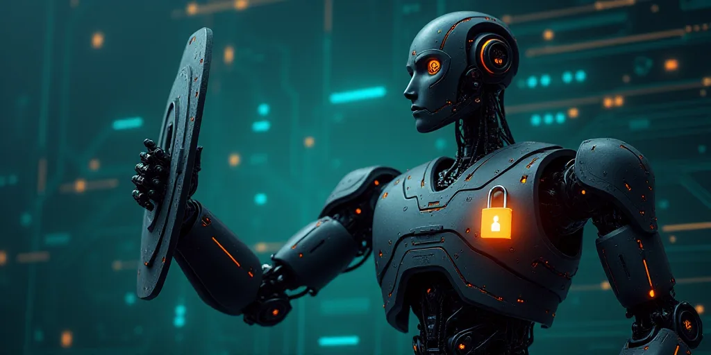 a robot holding a shield with a lock on it's chest and a circuit board in the background, Andries St