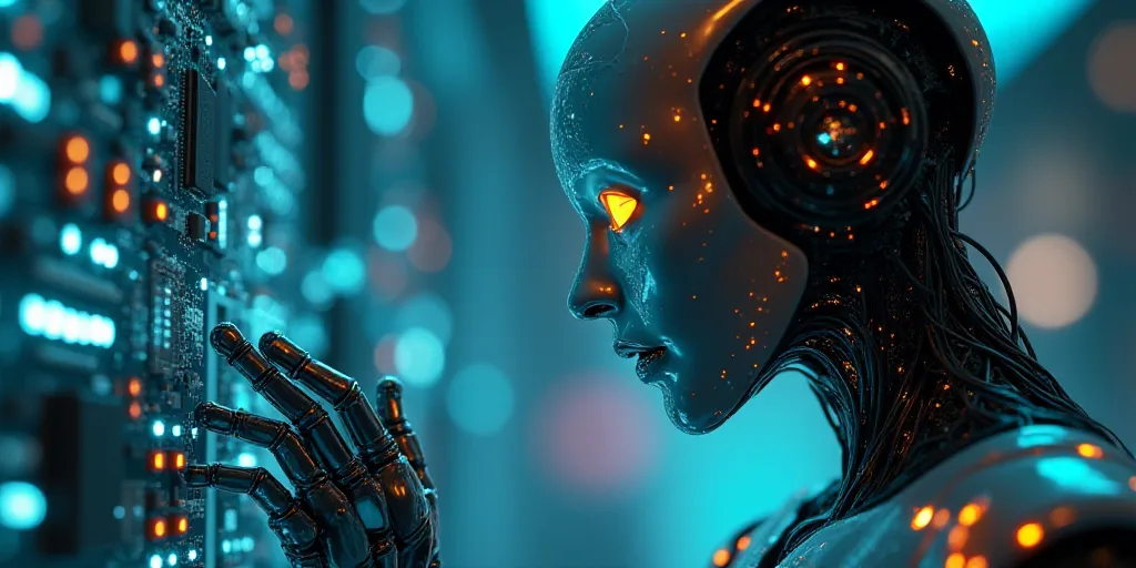 a robot touching a circuit board with a finger on it's head and a circuit board in the background, A