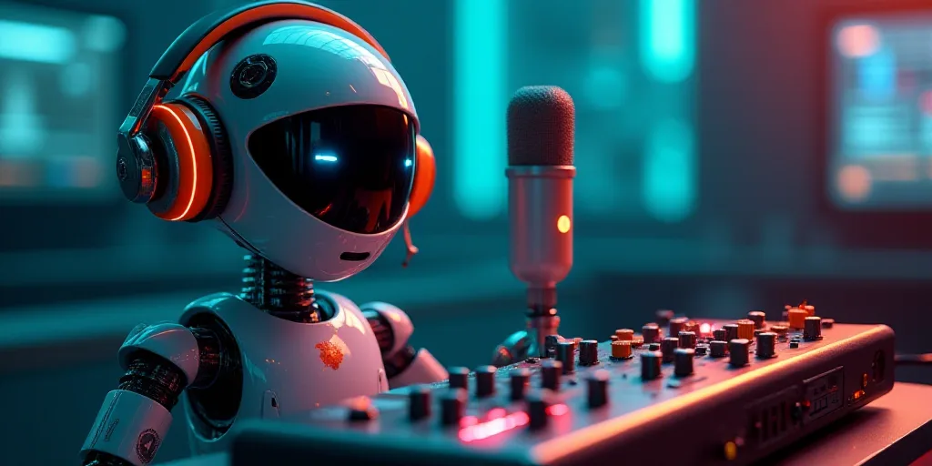a robot with headphones on is next to a microphone and sound board with sound waves on it and a micr