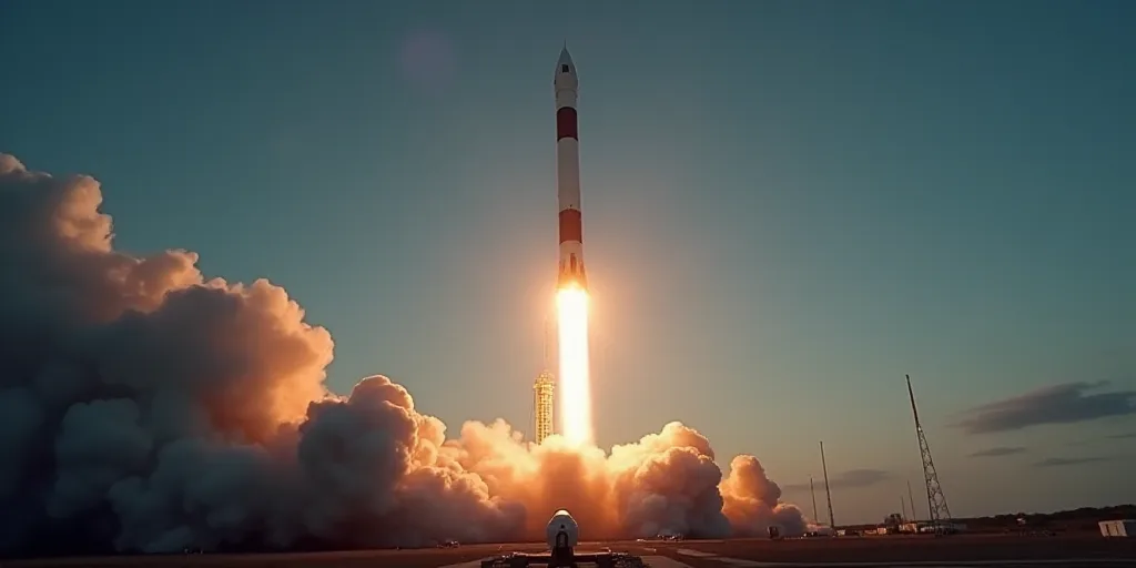 a rocket is being launched into the sky with smoke coming out of it's back end and a smaller rocket