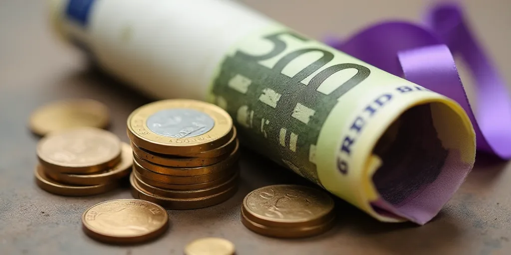 a roll of 500 euros sitting on top of a pile of coins with a purple ribbon on it's end, Enguerrand Q