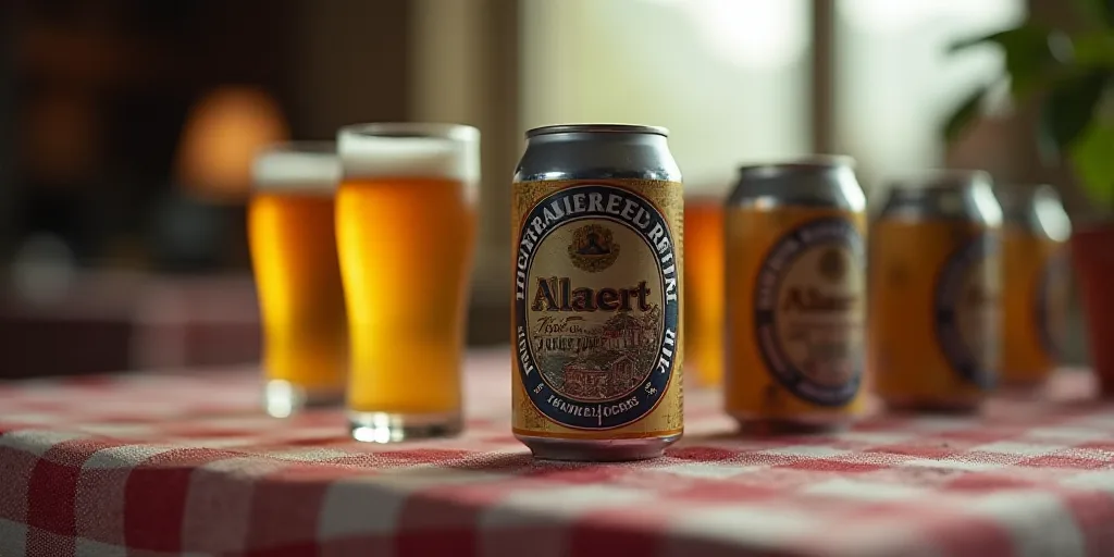 a row of cans of beer sitting on top of a table next to each other on a tablecloth, Allaert van Ever