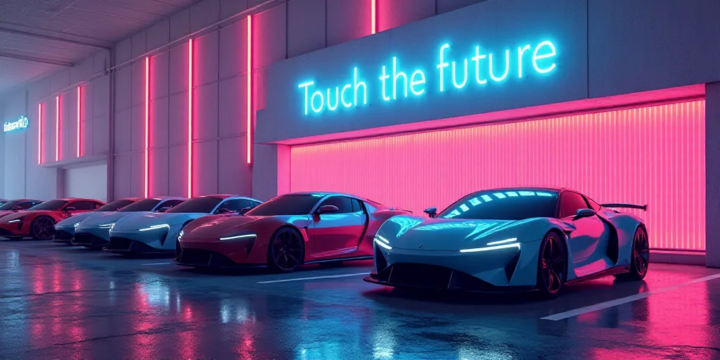 a row of cars parked in front of a building with a sign that says touch the future on it, Cui Bai, f