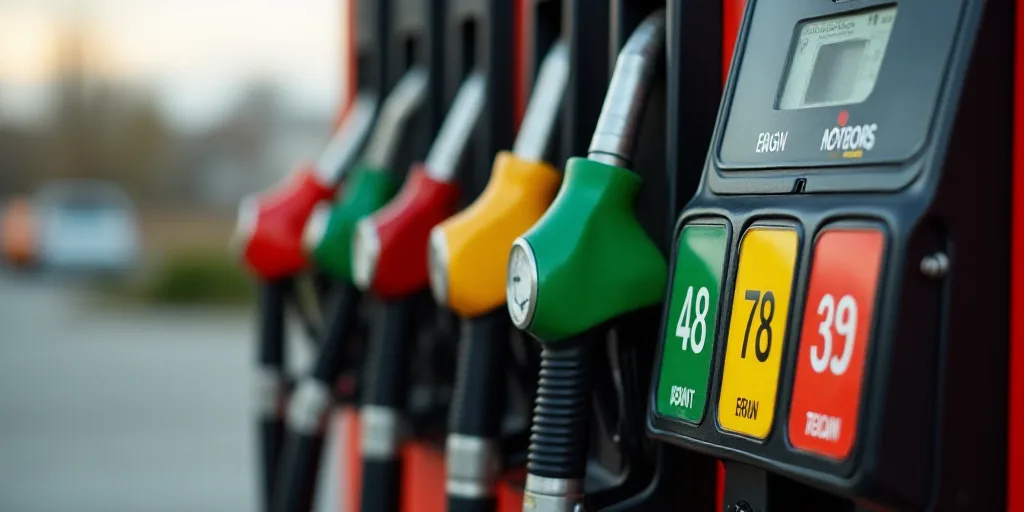 a row of gas pumps with gas prices on them and prices on the pumps below them are red, yellow, and g