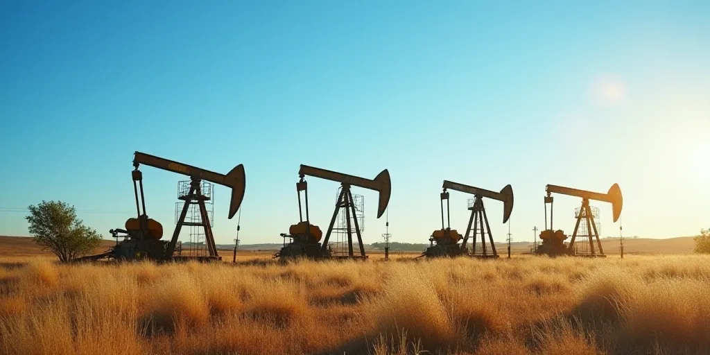 a row of oil pumps sitting in a field under a blue sky with the sun shining on them and a few trees,