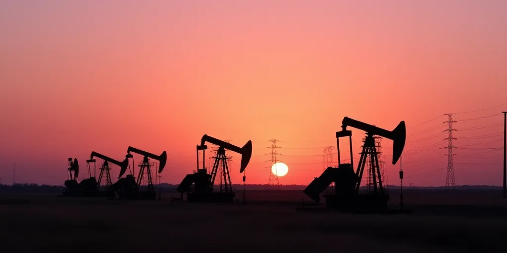 a row of oil pumps sitting in a field at sunset with power lines in the background and a pink sky, E