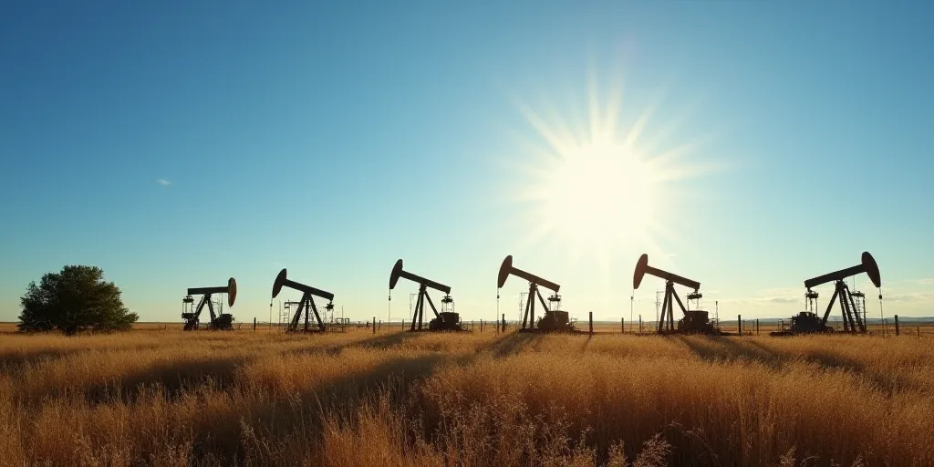 a row of oil pumps sitting in a field under a blue sky with the sun shining on them and a few trees,