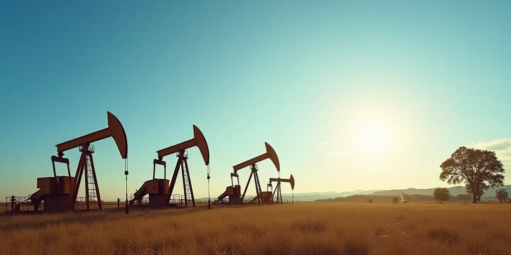 a row of oil pumps sitting in a field under a blue sky with the sun shining on them and a few trees,