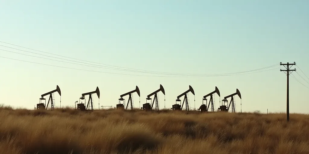 a row of oil pumps sitting on top of a hill next to a telephone pole and a telephone pole, Andries S