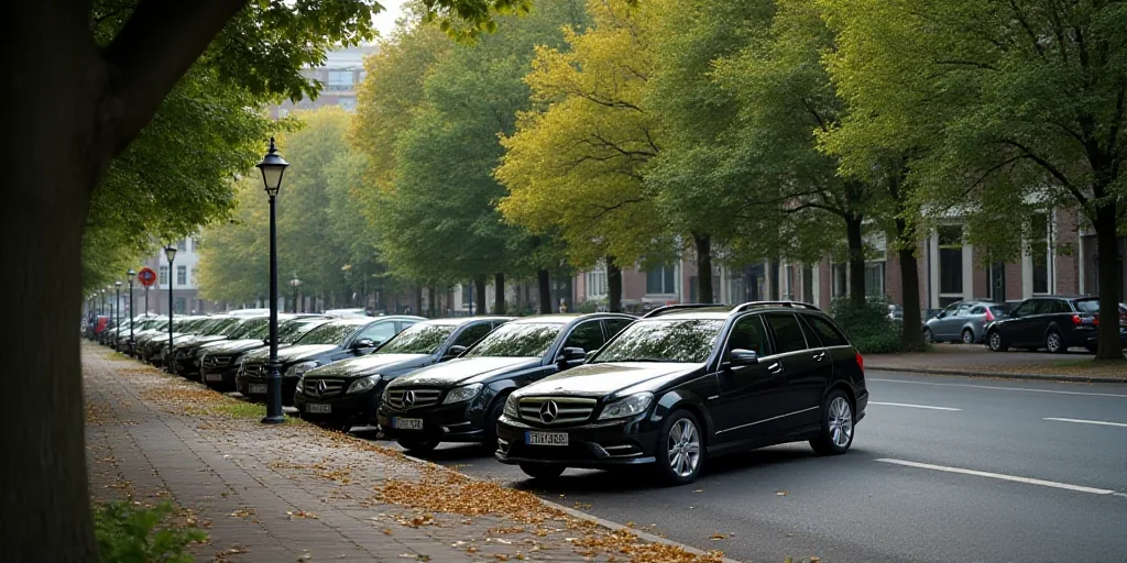 a row of parked cars on a street next to a sidewalk with trees in the background and a building in t