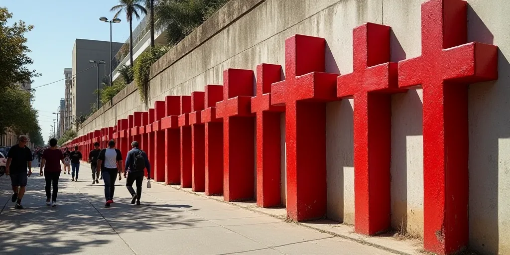 a row of red crosses sitting on top of a sidewalk next to a sidewalk with people walking by it, Davi