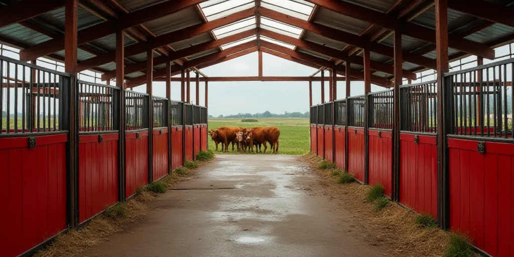 a row of stalls with red stalls underneath a roof over a field of cows in a pen with red stalls, Afe