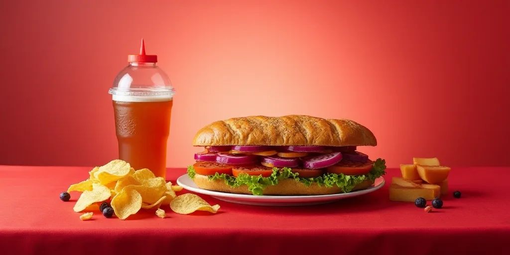 a sandwich with a drink and chips on a red tablecloth with a red and white background with the words
