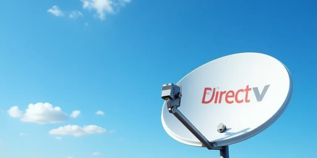 a satellite dish with a directv logo on it is shown in front of a blue sky with a few clouds, Doug O
