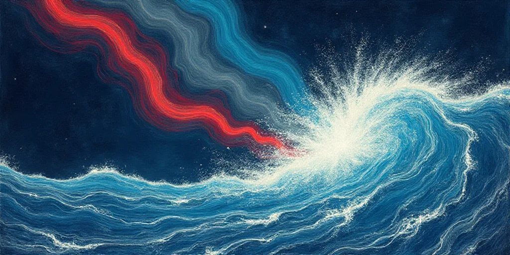 a satellite image of a storm moving through the ocean with a line of red and blue arrows pointing to