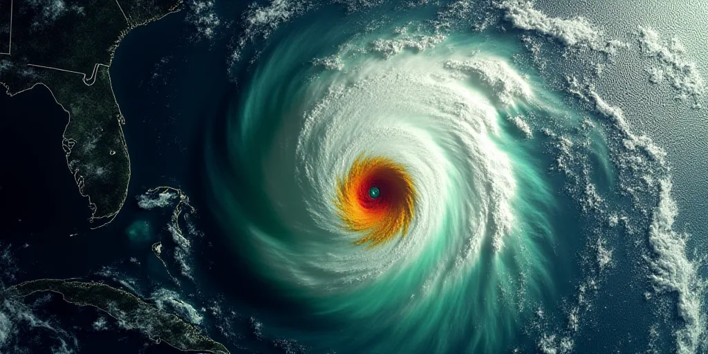 a satellite image of a tropical cyclone in the ocean with a red and green area in the center of the