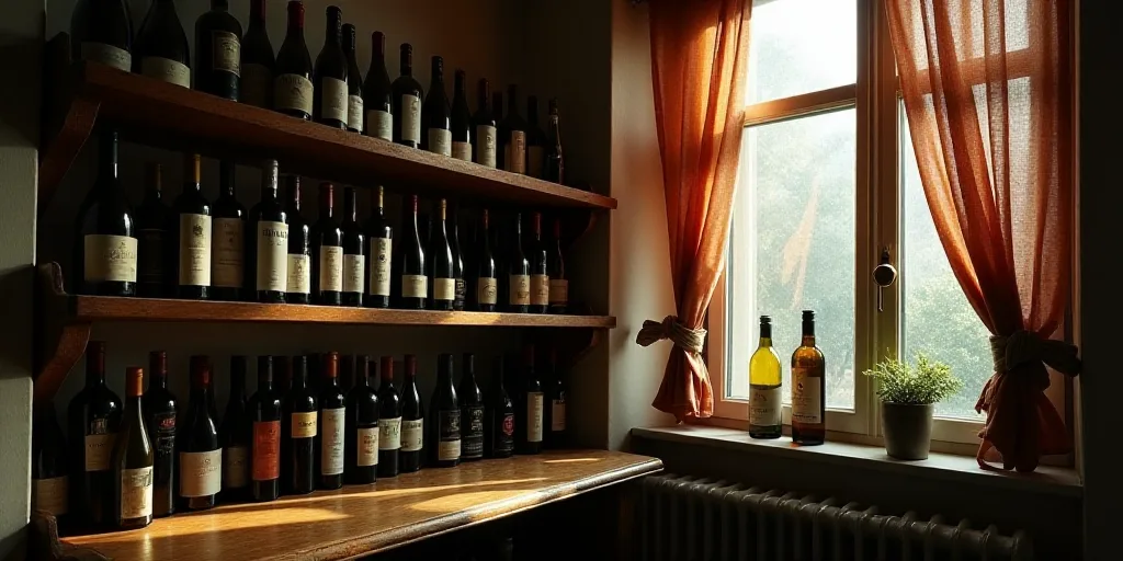 a shelf filled with lots of bottles of wine next to a window with a curtain on it and a window behin