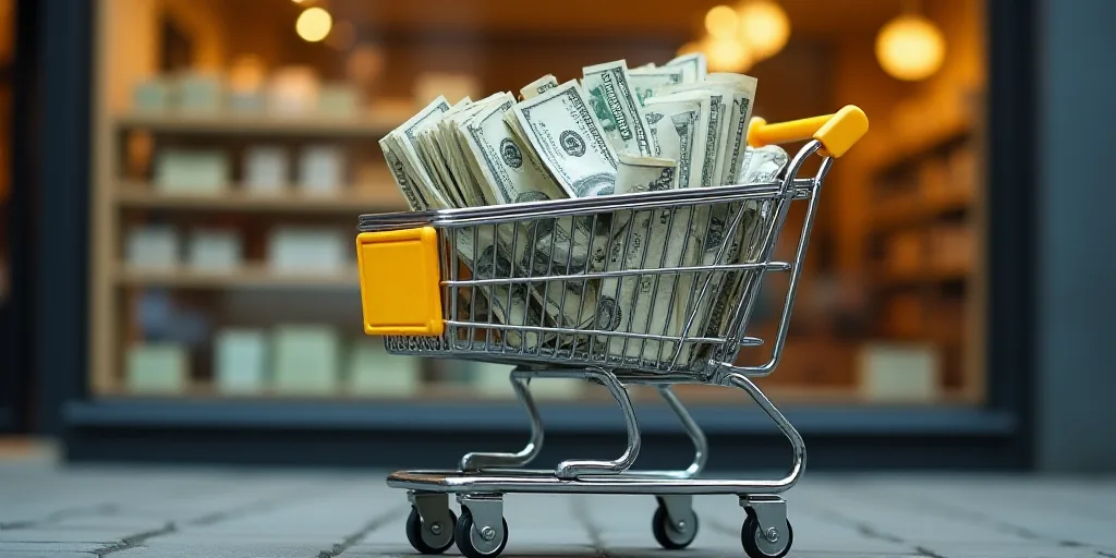 a shopping cart with a lot of money in it in front of a store window with a lot of other money, Chic