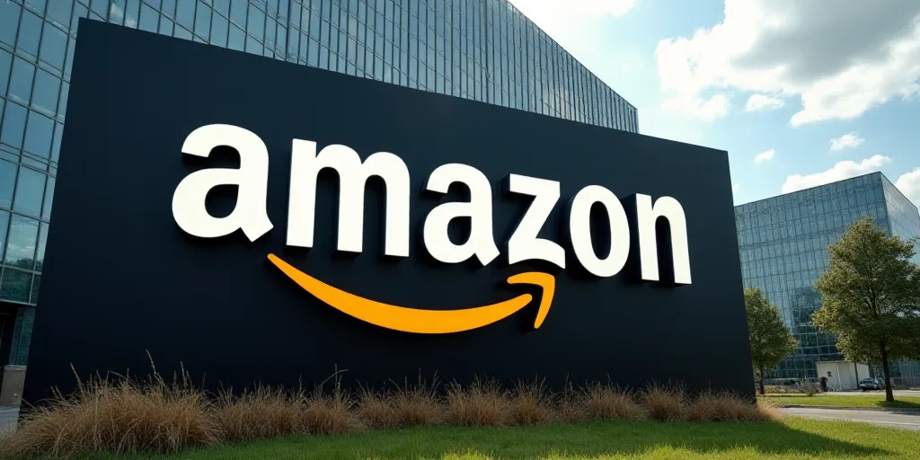 a sign for a amazon company in front of a building with a large amazon sign in front of it, Charles