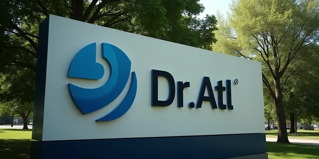a sign for a company with a blue and white logo on it's side and trees in the background, Dr. Atl, e
