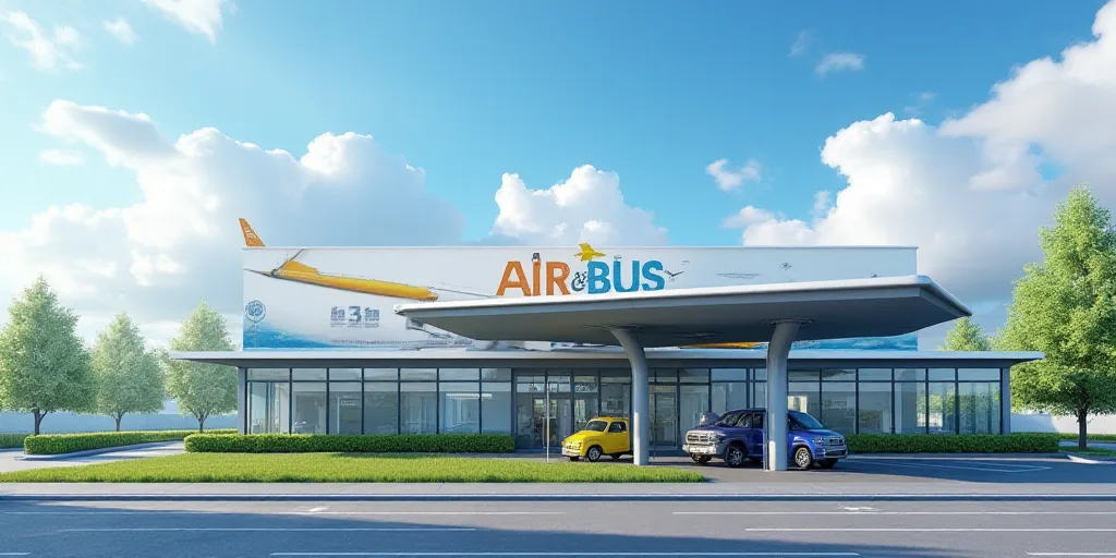 a sign for an air bus station in front of a building with a sky background and clouds in the backgro