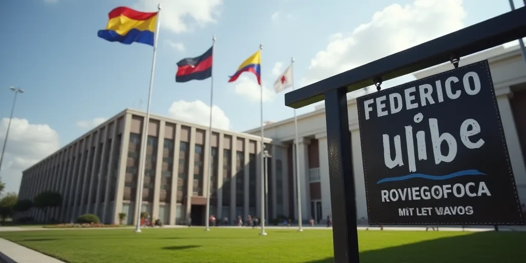 a sign in front of a building with flags flying in the background of it and a building with a flag i