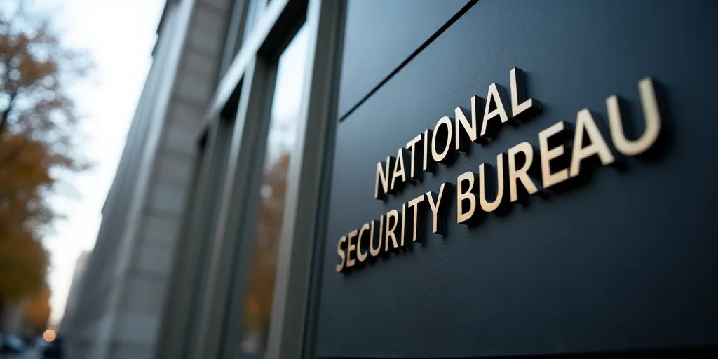 a sign on a building that says the national security bureau on it's side in front of a building, Eng