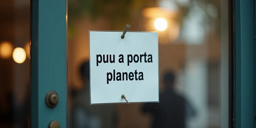 a sign on a glass door that says puu a porta planeta / chern pois, Celia Fiennes, telephoto, a micro