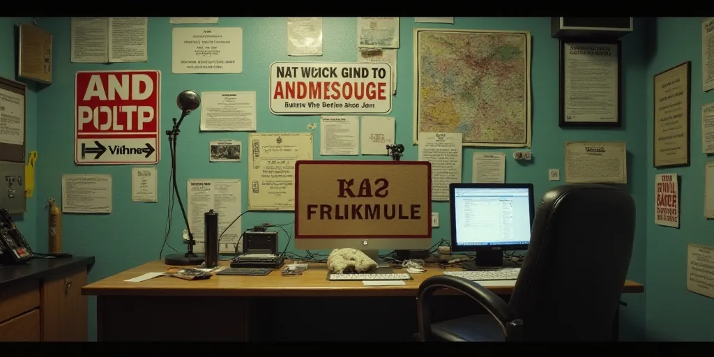a sign on a wooden desk in a room with a lot of signs on the wall and a computer monitor, Dennis Ash