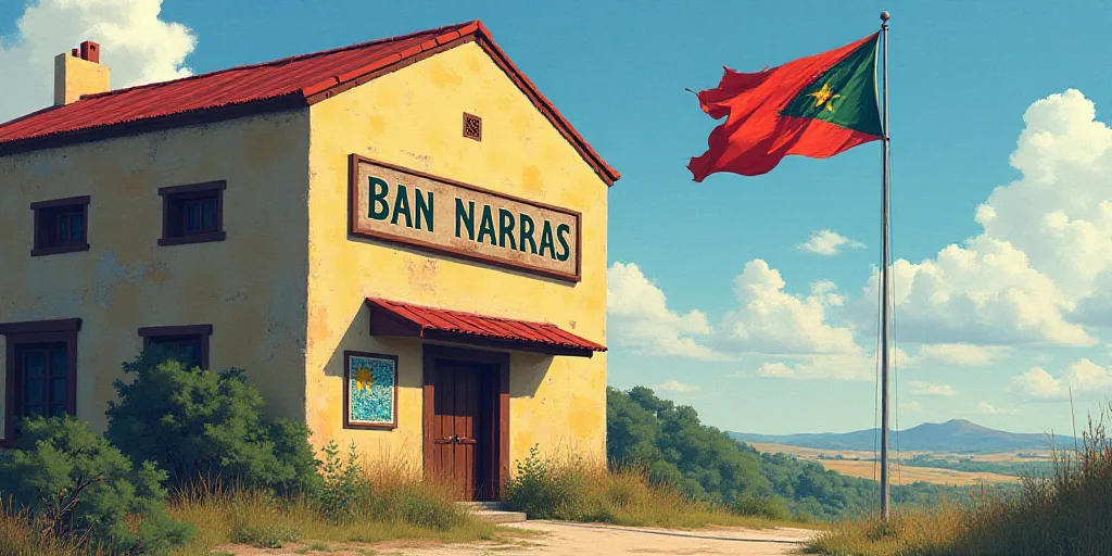 a sign on the side of a building that says ban narras on it and a flag flying in the wind, Anna Mari