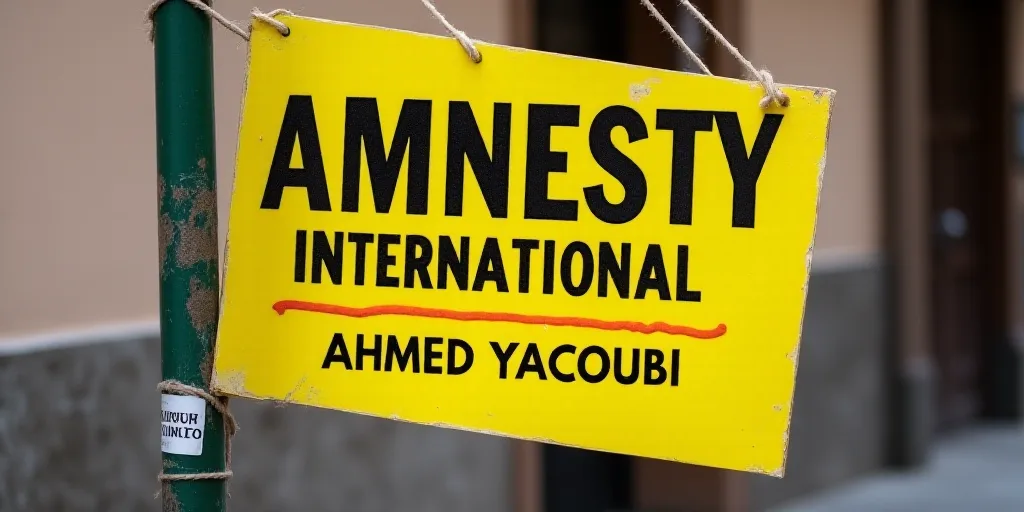 a sign that is hanging from a pole in front of a wall with a sign that says amnesty international, A