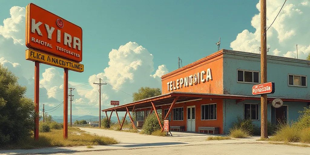 a sign that is next to a building with a telenotica sign on it's side and a building in the backgrou