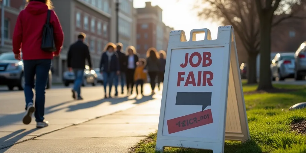 a sign that is on the side of a street that says job fair on it and people walking around, Carles De