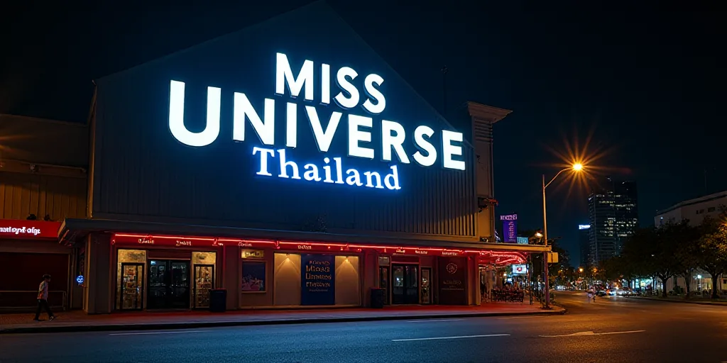 a sign that says miss universe thailand on it's side of a building at night time with lights shining